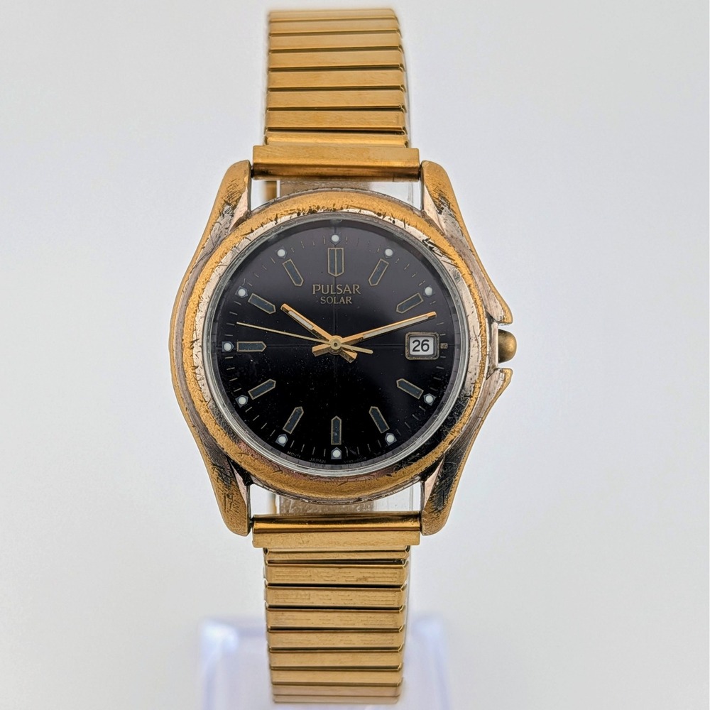 Vintage Pulsar Solar V145 Men's 36mm Gold Tone Black Dial Lume Date Watch